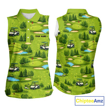 Load image into Gallery viewer, Womens Sleeveless Golf Polo Shirt Custom Gofl Ball Green Golf Course Pattern Team Golf Tops NHN0163