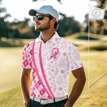 Load image into Gallery viewer, Pink Plaid Mens Golf Polo Shirt Custom Pink Ribbon Breast Cancer Awareness Team Golf Tops, Golf Gifts NHN0164