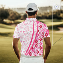Load image into Gallery viewer, Pink Plaid Mens Golf Polo Shirt Custom Pink Ribbon Breast Cancer Awareness Team Golf Tops, Golf Gifts NHN0164