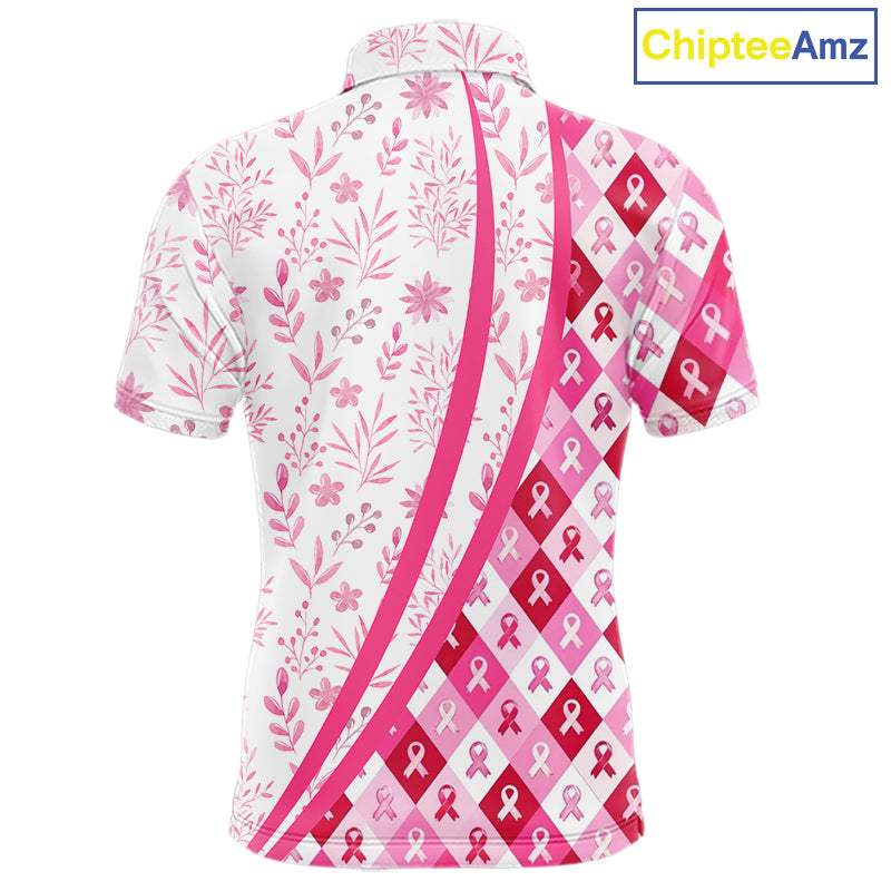 Pink Plaid Mens Golf Polo Shirt Custom Pink Ribbon Breast Cancer Awareness Team Golf Tops, Golf Gifts NHN0164