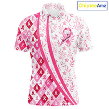 Load image into Gallery viewer, Pink Plaid Mens Golf Polo Shirt Custom Pink Ribbon Breast Cancer Awareness Team Golf Tops, Golf Gifts NHN0164