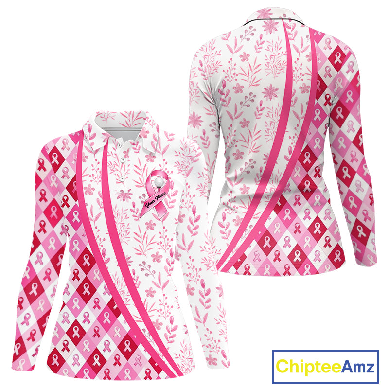 Plaid Womens Long Sleeve Golf Polo Shirt Custom Pink Ribbon Breast Cancer Awareness Team Golf Tops NHN0164