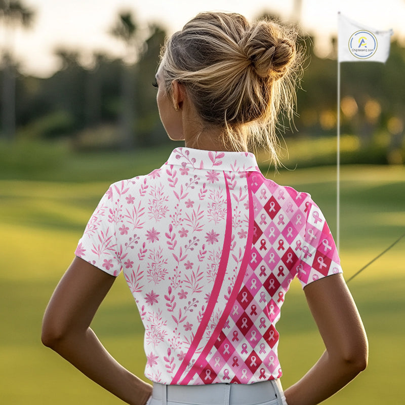 Pink Plaid Womens Golf Polo Shirt Custom Pink Ribbon Breast Cancer Awareness Team Golf Tops NHN0164