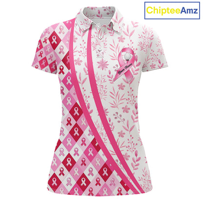 Pink Plaid Womens Golf Polo Shirt Custom Pink Ribbon Breast Cancer Awareness Team Golf Tops NHN0164