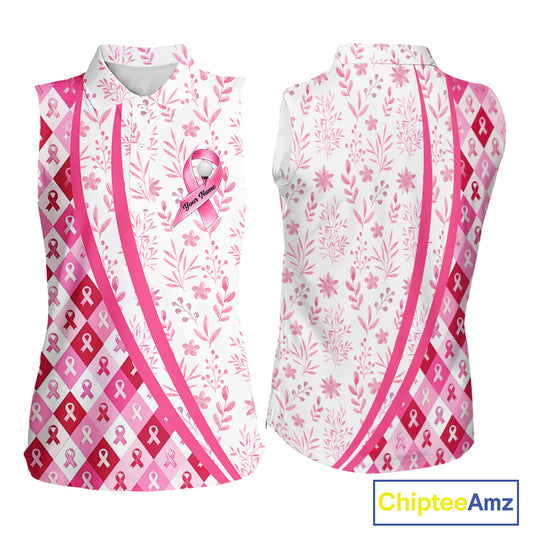 Pink Plaid Womens Sleeveless Golf Polo Shirt Custom Pink Ribbon Breast Cancer Awareness Team Golf Tops NHN0164