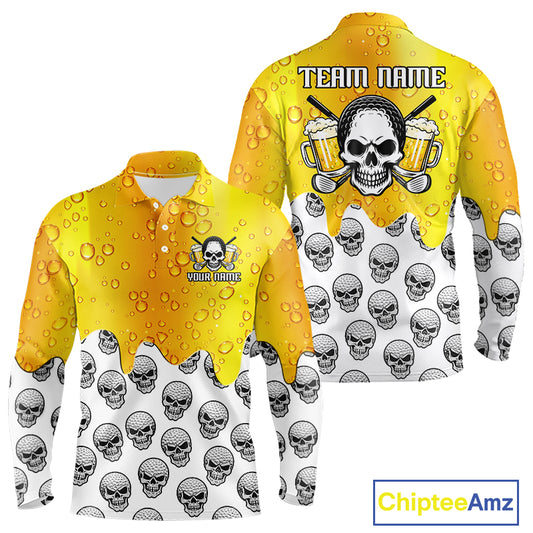 Beer Skull Long Sleeve Golf Polo Shirt Custom Name Funny Team Golf Tops For Men, Golf Gifts NHN0166