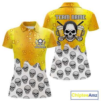 Beer Skull Womens Golf Polo Shirt Custom Name Funny Team Golf Tops For Ladies, Golfer Gifts NHN0166