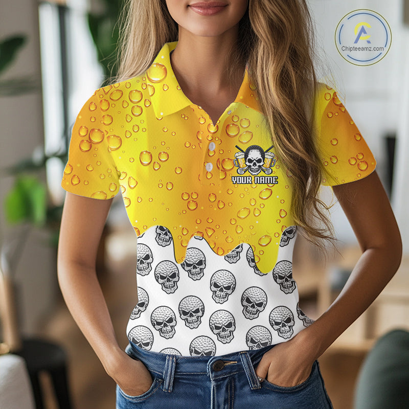 Beer Skull Womens Golf Polo Shirt Custom Name Funny Team Golf Tops For Ladies, Golfer Gifts NHN0166