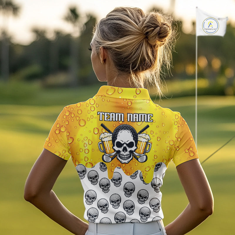 Beer Skull Womens Golf Polo Shirt Custom Name Funny Team Golf Tops For Ladies, Golfer Gifts NHN0166