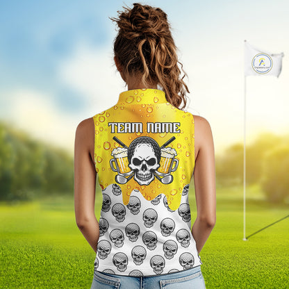 Beer Skull Womens Sleeveless Golf Polo Shirt Custom Name Funny Team Golf Tops For Ladies, Golfer Gifts NHN0166