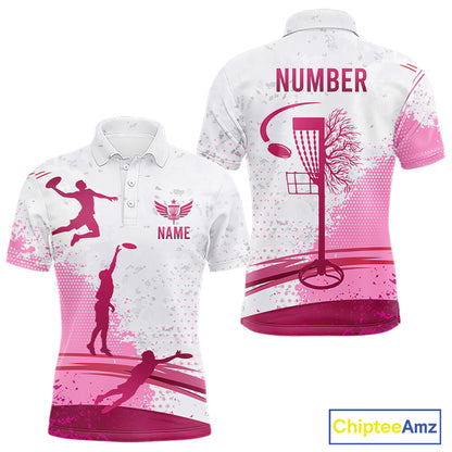 Pink Disc Golf Basket Mens Quarter Zip Polo Shirt Custom Name & Number Team Disc Golf Shirt NHN0035