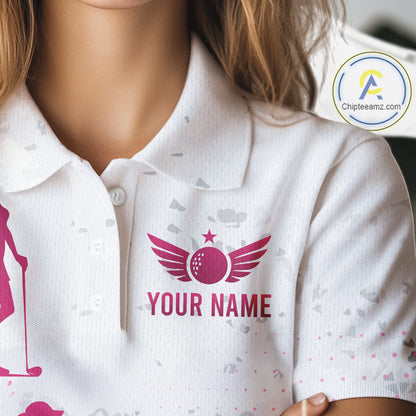 Womens Golf Polo Shirts Pink White Custom Name Golf Shirts For Women Personalized Golf Ball Gifts NHN0037