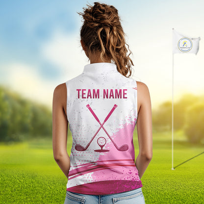 Pink White Womens Golf Polo Shirts Custom Name Golf Shirts For Women Sleeveless Personalized Golf Ball Gifts NHN0037