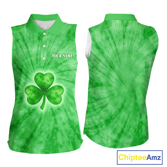 Green Tie Dye Womens Sleeveless Golf Polo Shirt Custom Name Green Clover St Patrick Day Golf Tops NHN0168