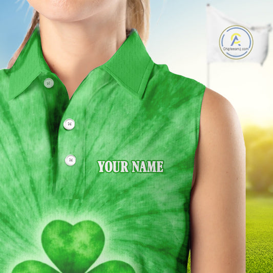 Green Tie Dye Womens Sleeveless Golf Polo Shirt Custom Name Green Clover St Patrick Day Golf Tops NHN0168