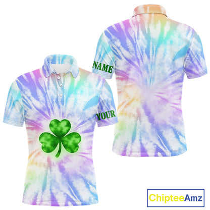 Colorful Pastel Tie Dye Mens Golf Polo Shirt Custom Green Clover St Patrick Day Golf Tops, Golf Gifts NHN0169