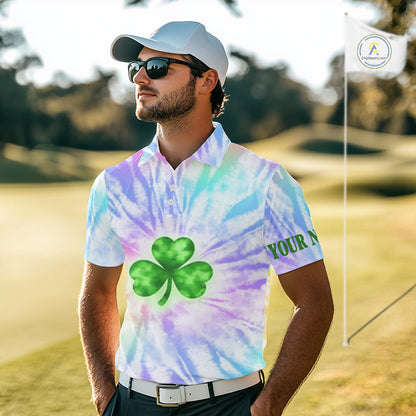 Colorful Pastel Tie Dye Mens Golf Polo Shirt Custom Green Clover St Patrick Day Golf Tops, Golf Gifts NHN0169