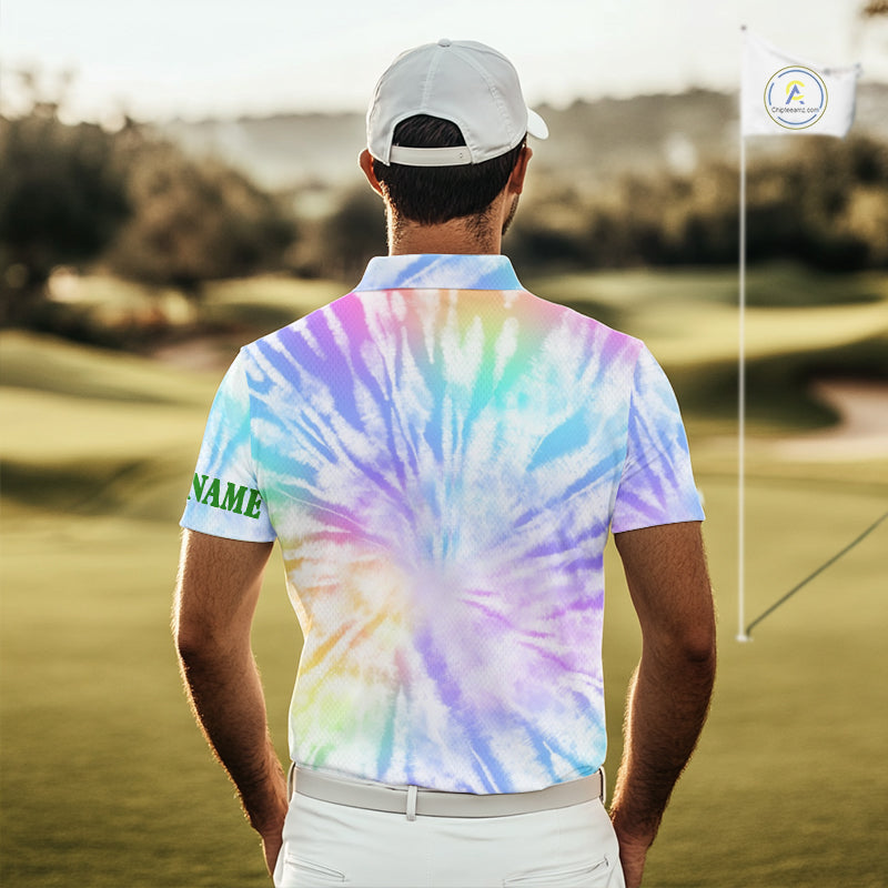 Colorful Pastel Tie Dye Mens Golf Polo Shirt Custom Green Clover St Patrick Day Golf Tops, Golf Gifts NHN0169
