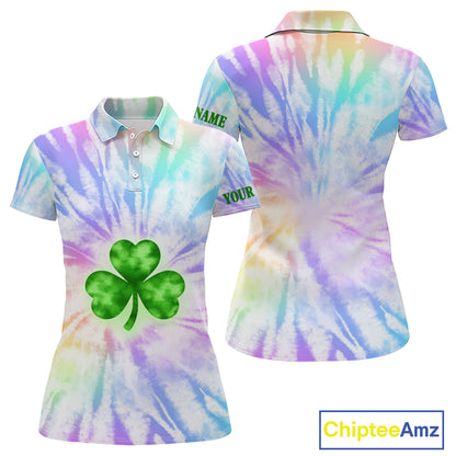 Colorful Pastel Tie Dye Womens Golf Polo Shirt Custom Green Clover St Patrick Day Golf Tops, Golf Gift NHN0169