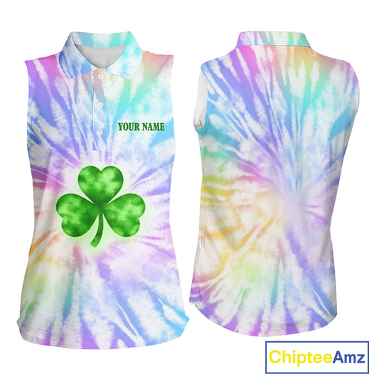 Colorful Pastel Tie Dye Womens Sleeveless Golf Polo Shirt Custom Green Clover St Patrick Day Golf Top NHN0169