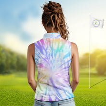Load image into Gallery viewer, Colorful Pastel Tie Dye Womens Sleeveless Golf Polo Shirt Custom Green Clover St Patrick Day Golf Top NHN0169