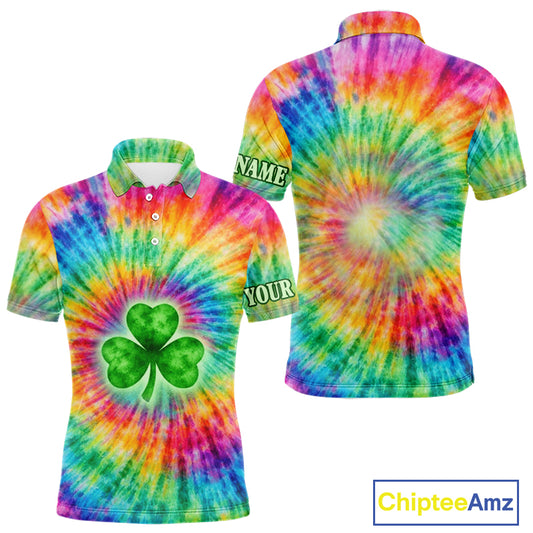 Colorful Tie Dye Mens Golf Polo Shirt Custom Green Clover St Patrick Day Golf Tops, Golf Gifts NHN0170
