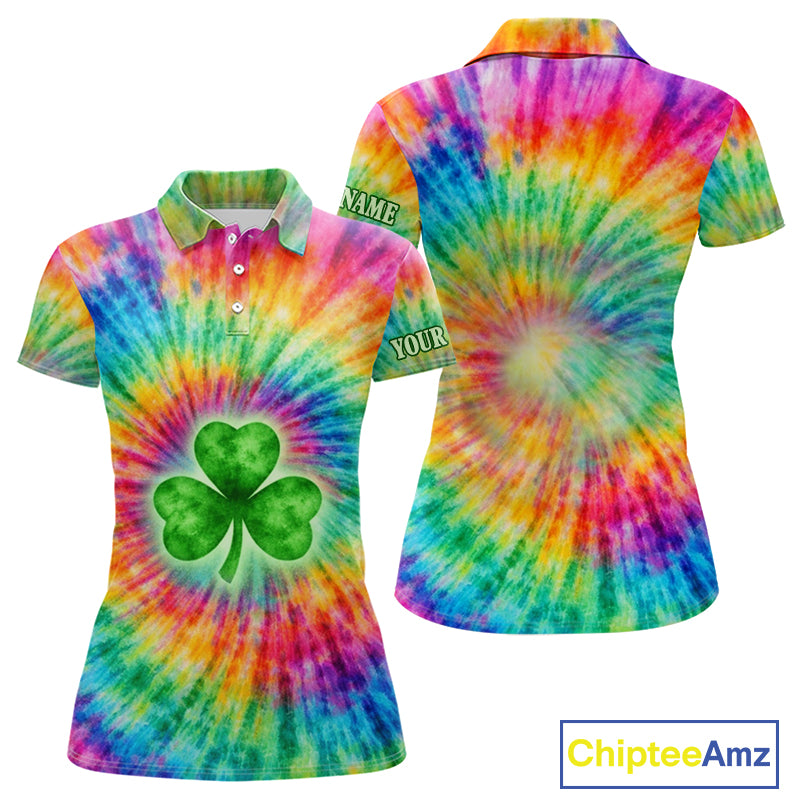 Colorful Tie Dye Womens Golf Polo Shirt Custom Green Clover St Patrick Day Golf Tops, Golf Gifts NHN0170