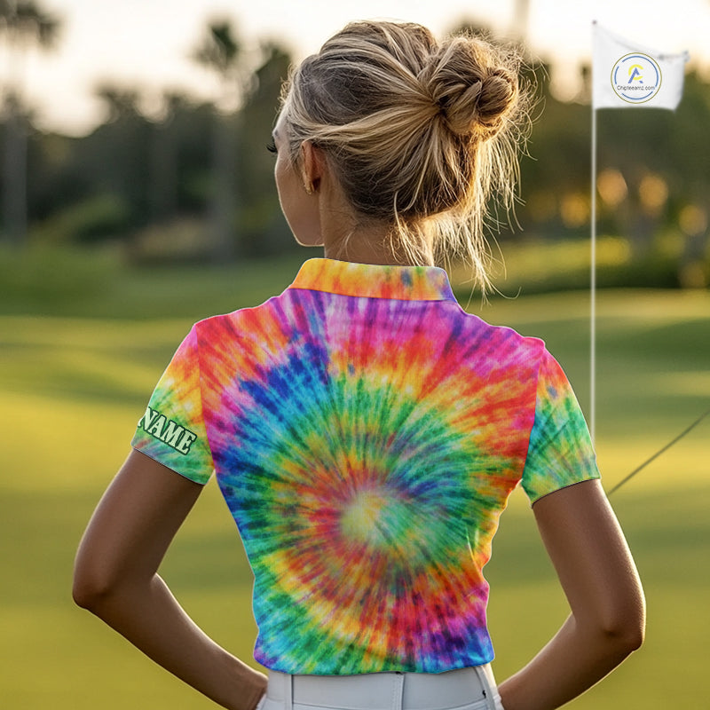 Colorful Tie Dye Womens Golf Polo Shirt Custom Green Clover St Patrick Day Golf Tops, Golf Gifts NHN0170