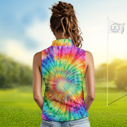 Colorful Tie Dye Womens Sleeveless Golf Polo Shirt Custom Green Clover St Patrick Day Golf Tops NHN0170