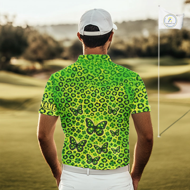Mens Golf Polo Shirt Colorful Green Leopard Print Pattern Custom Butterfly Team Golf Tops For Men NHN0171