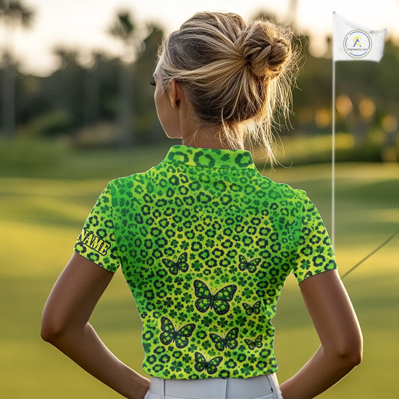 Womens Golf Polo Shirt Colorful Green Leopard Print Pattern Custom Butterfly Team Ladies Golf Tops NHN0171