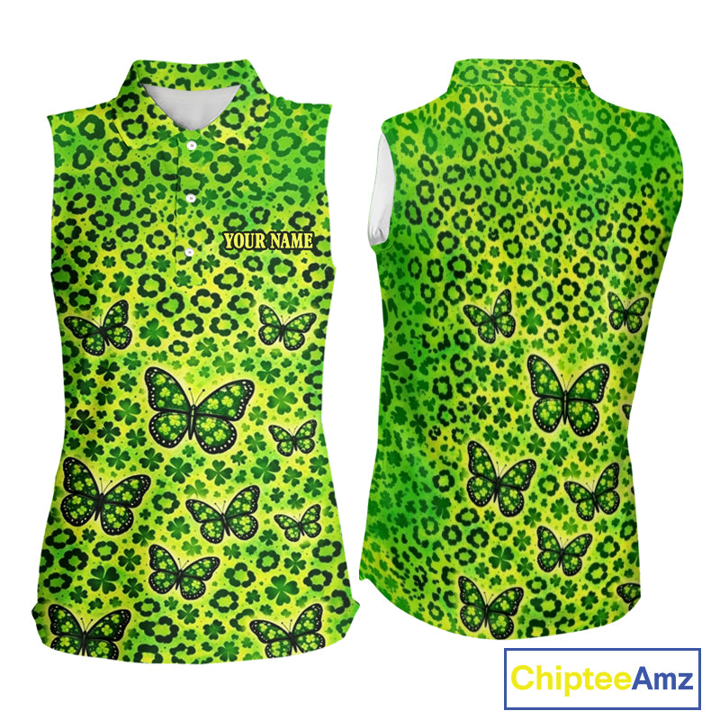 Womens Sleeveless Golf Polo Shirt Colorful Green Leopard Print Custom Butterfly Team Ladies Golf Tops NHN0171