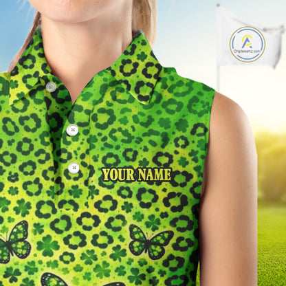 Womens Sleeveless Golf Polo Shirt Colorful Green Leopard Print Custom Butterfly Team Ladies Golf Tops NHN0171