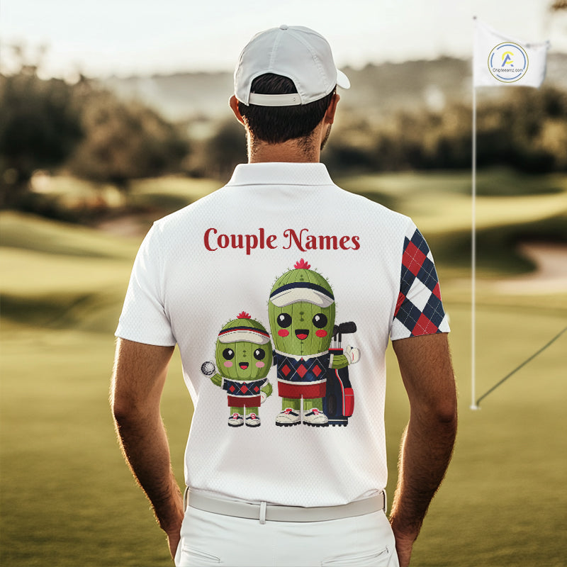 Matching Golf Polo Shirts for Couples Custom Red & Blue Argyle Pattern Golf Ball Cactus Golf Shirts NHN0040