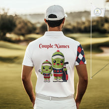 Load image into Gallery viewer, Matching Golf Polo Shirts for Couples Custom Red &amp; Blue Argyle Pattern Golf Ball Cactus Golf Shirts NHN0040