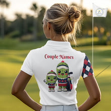 Load image into Gallery viewer, Matching Golf Polo Shirts For Couples Custom Red and Blue Argyle Pattern Golf Ball Cactus Golf Shirts NHN0040