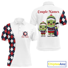 Load image into Gallery viewer, Matching Golf Polo Shirts for Couples Custom Red &amp; Blue Argyle Pattern Golf Ball Cactus Golf Shirts NHN0040
