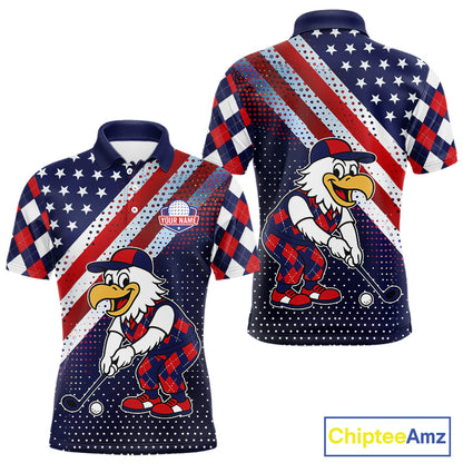 Funny American Flag Eagle Mens Golf Polo Shirts Patriotic Red & Blue Argyle Pattern Golf Ball Custom NHN0044