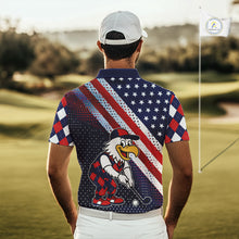 Load image into Gallery viewer, Funny American Flag Eagle Mens Golf Polo Shirts Patriotic Red &amp; Blue Argyle Pattern Golf Ball Custom NHN0044