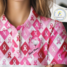 Load image into Gallery viewer, Womens Golf Polo Shirt Custom Pink Flamingo Ribbon Argyle Pattern, Breast Cancer Awareness Golf Tops NHN0177