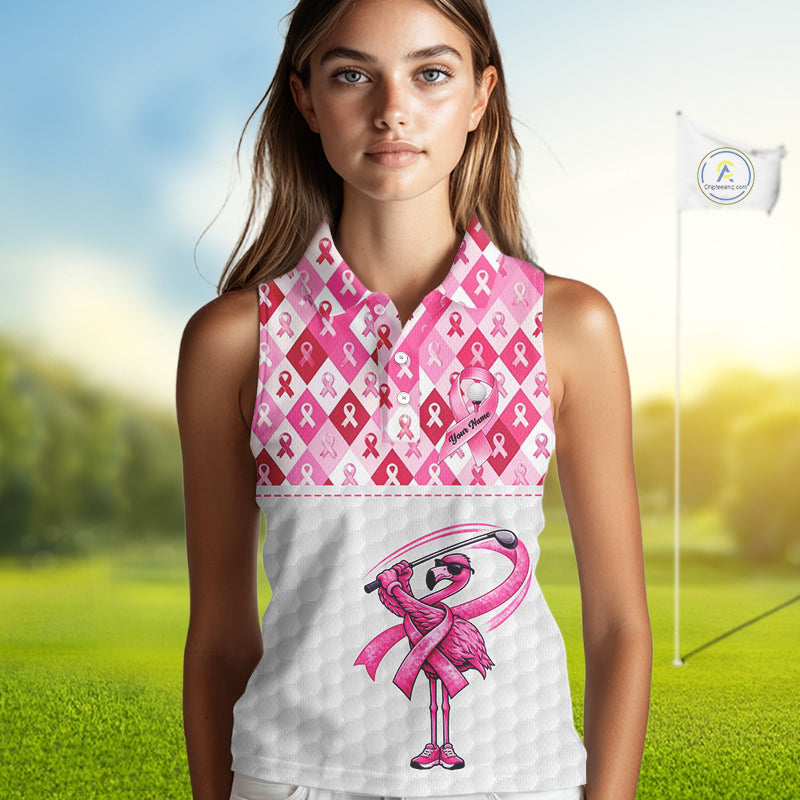 Womens Sleeveless Golf Polo Shirt Custom Flamingo Ribbon Plaid Pattern, Breast Cancer Awareness Golf NHN0177