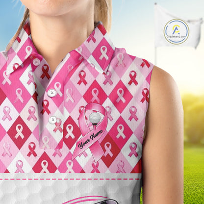 Womens Sleeveless Golf Polo Shirt Custom Flamingo Ribbon Plaid Pattern, Breast Cancer Awareness Golf NHN0177