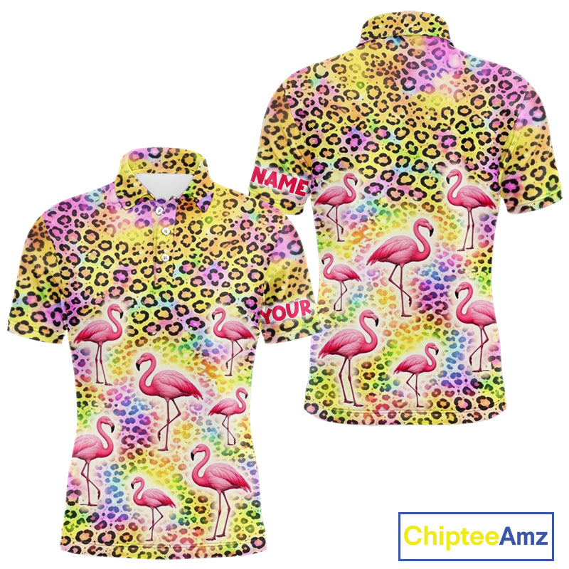 Flamingo Mens Golf Polo Shirt Colorful Rainbow Leopard Print Pattern Custom Team Golf Tops For Men NHN0181