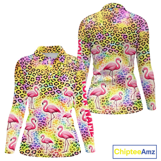 Flamingo Womens Long Sleeve Golf Polo Shirt Colorful Rainbow Leopard Print Pattern Custom Team Golf Top NHN0181