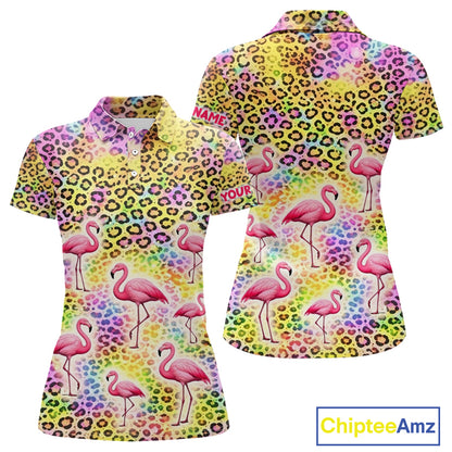 Flamingo Womens Golf Polo Shirt Colorful Rainbow Leopard Print Pattern Custom Team Ladies Golf Top NHN0181