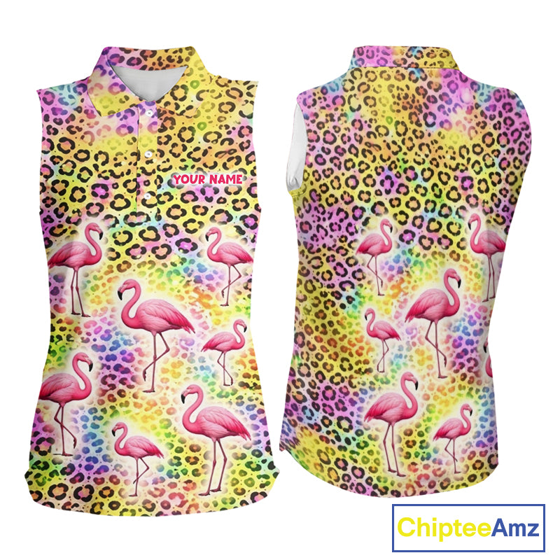 Flamingo Womens Sleeveless Golf Polo Shirt Colorful Rainbow Leopard Print Pattern Custom Team Golf Top NHN0181