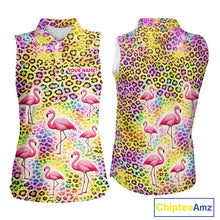 Load image into Gallery viewer, Flamingo Womens Sleeveless Golf Polo Shirt Colorful Rainbow Leopard Print Pattern Custom Team Golf Top NHN0181