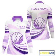 Load image into Gallery viewer, Purple And White Womens Long Sleeve Golf Polo Shirts Custom Name Golf Shirt For Ladies Personalized NHN0053