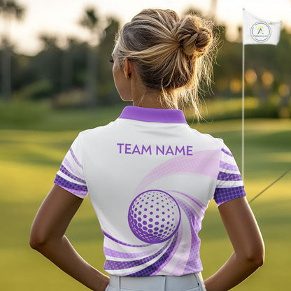 Purple And White Womens Golf Polo Shirts Custom Name Golf Shirt For Ladies Personalized Golf Ball NHN0053