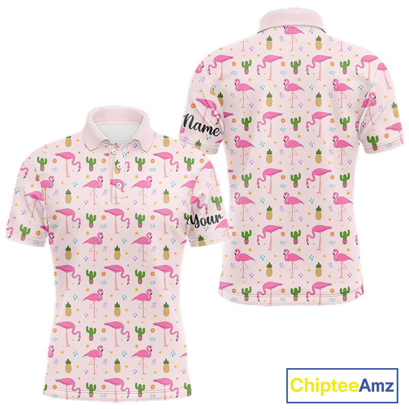 Pink Flamingo Pattern Mens Golf Polo Shirts Custom Funny Desert Cactus Team Golf Tops For Men, Golf Gifts NHN0184